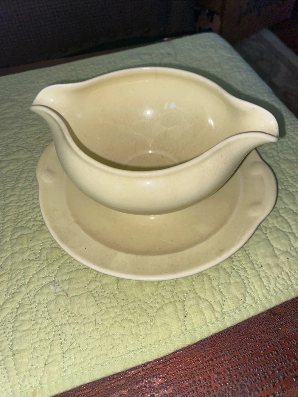 Lu Ray Pastel Yellow Gravy Boat w Attached Plate Vintage Ceramic Dinnerware 16oz